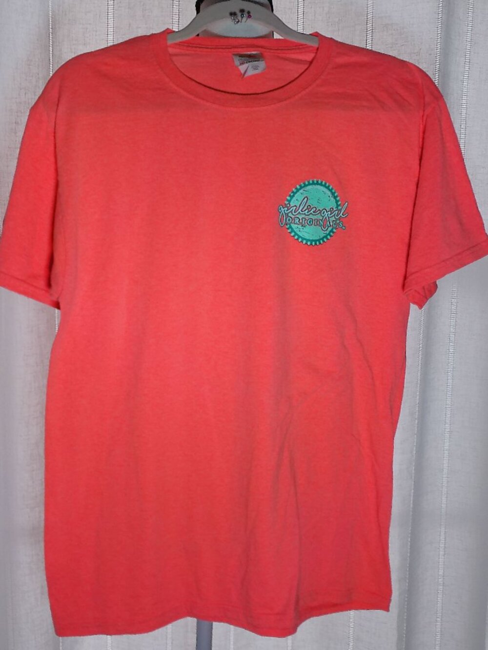 GIRLIE GIRL ORIGINALS Short Sleeve Tee Coral w/Light Green "Powered By Prayer" M